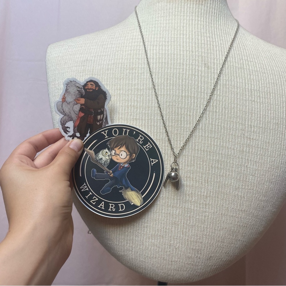 Silver Necklace + Two HP Stickers Harry Potter Golden Snitch 30" Wizard